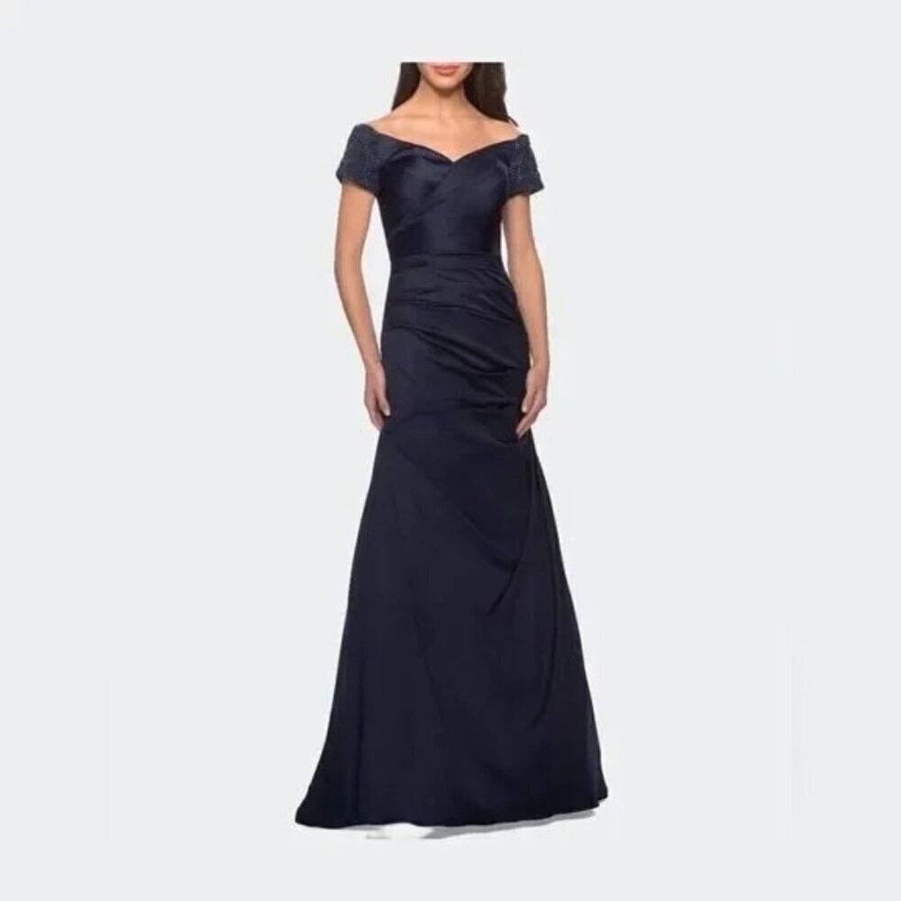 NWT La Femme Off the Shoulder Beaded Satin Trumpet Gown In Navy Size Women's Si